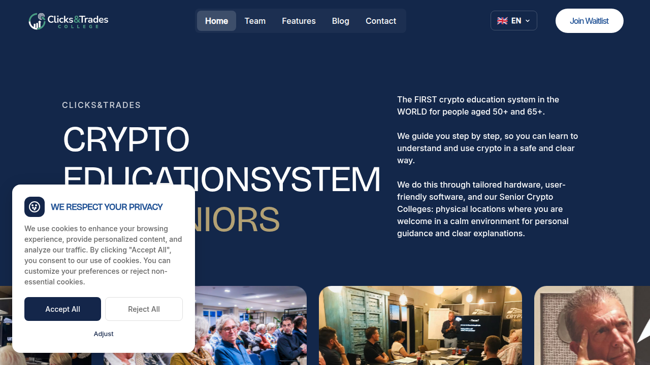 The homepage for Clicks and Trades, offering a free newsletter on crypto safety and compliance best practices.