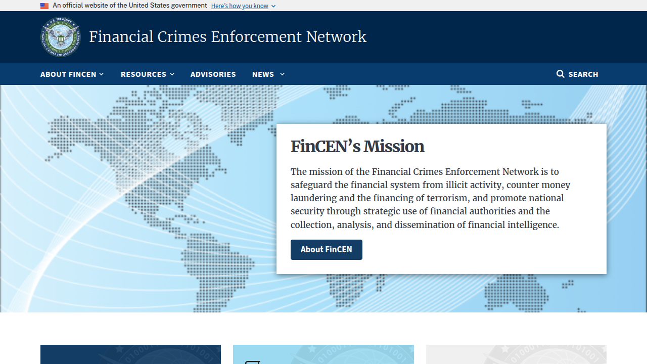 The official homepage of the Financial Crimes Enforcement Network (FinCEN), a primary U.S. AML regulator.