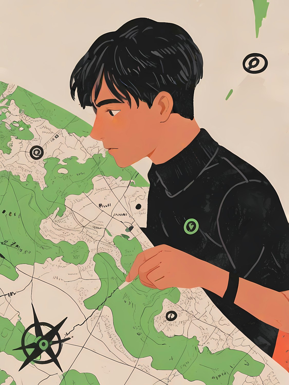 A focused individual studying a map overlaid with various international regulatory symbols, symbolizing global compliance challenges.