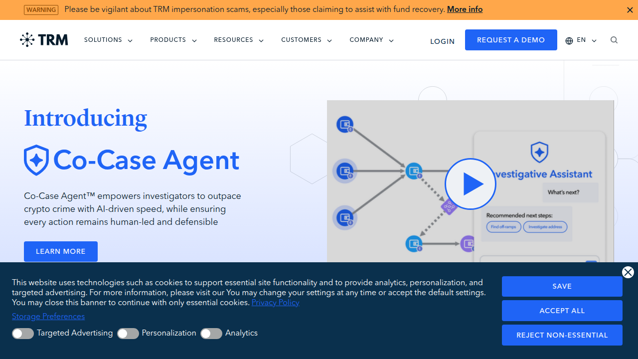 The homepage of TRMLabs, a provider of blockchain intelligence and risk management solutions, referenced for a buyer's guide.