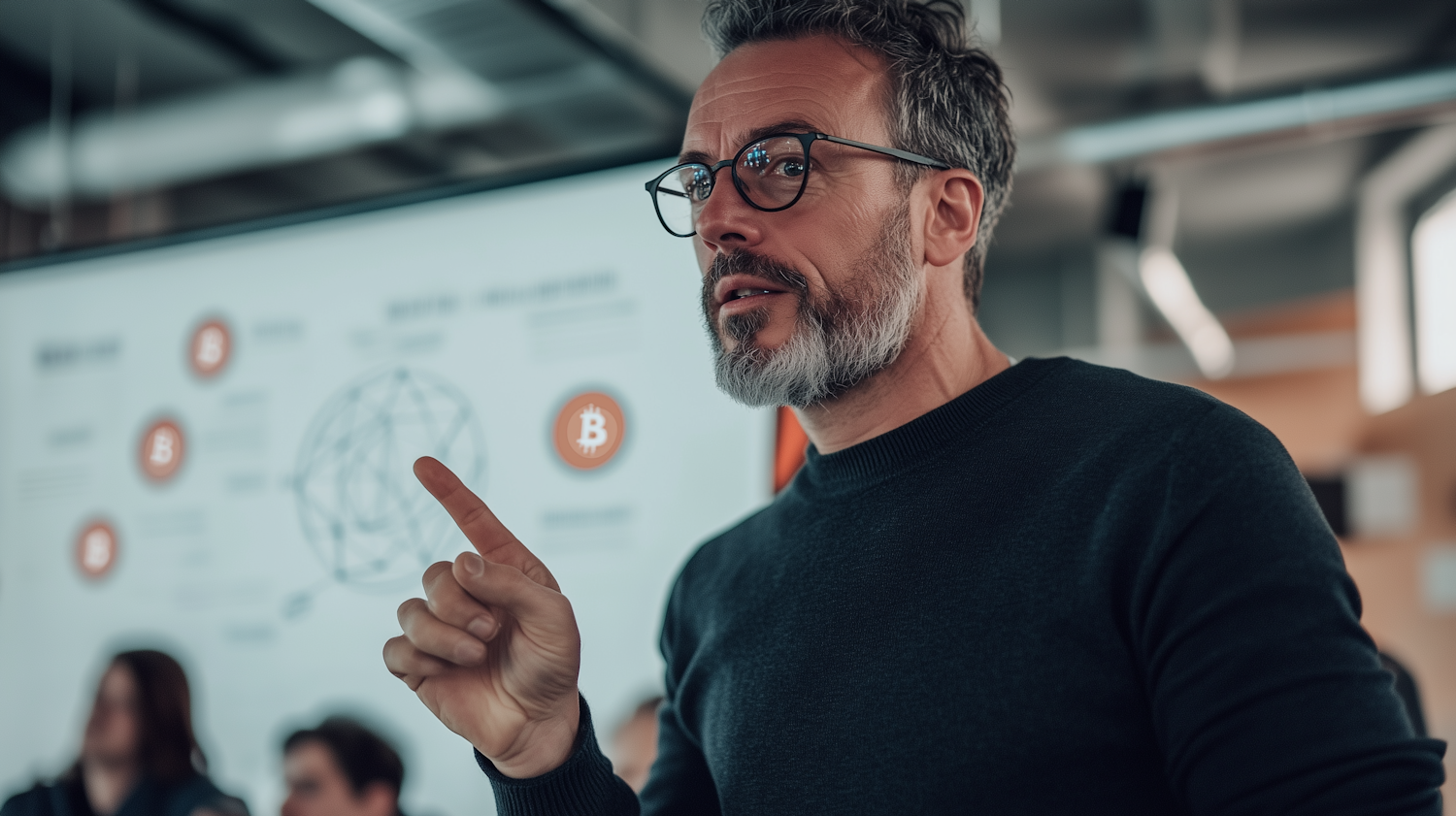 Professionals discuss secure financial operations in a modern office setting, emphasizing trust in crypto platforms.