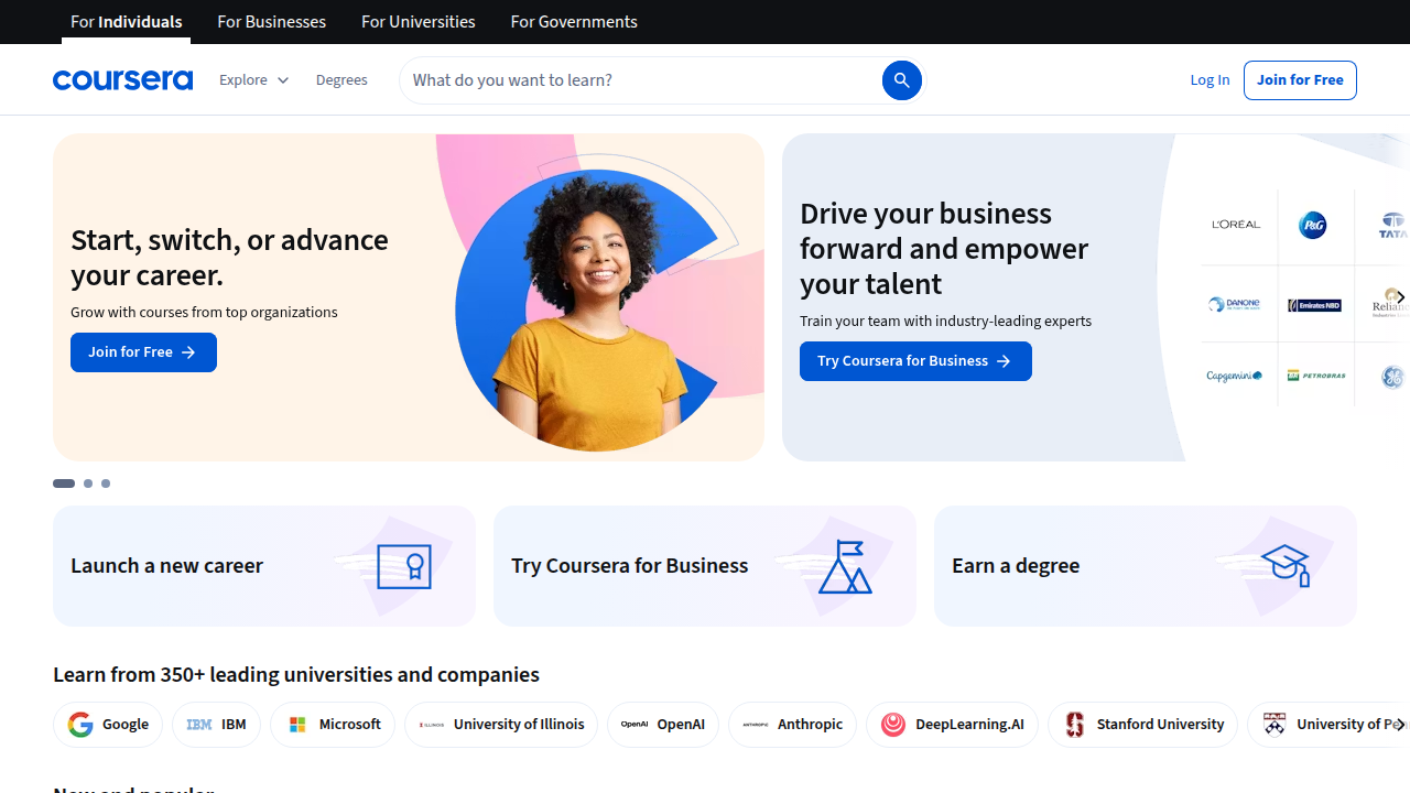 A screenshot of the Coursera homepage, a popular online learning platform offering various courses, including blockchain programs.