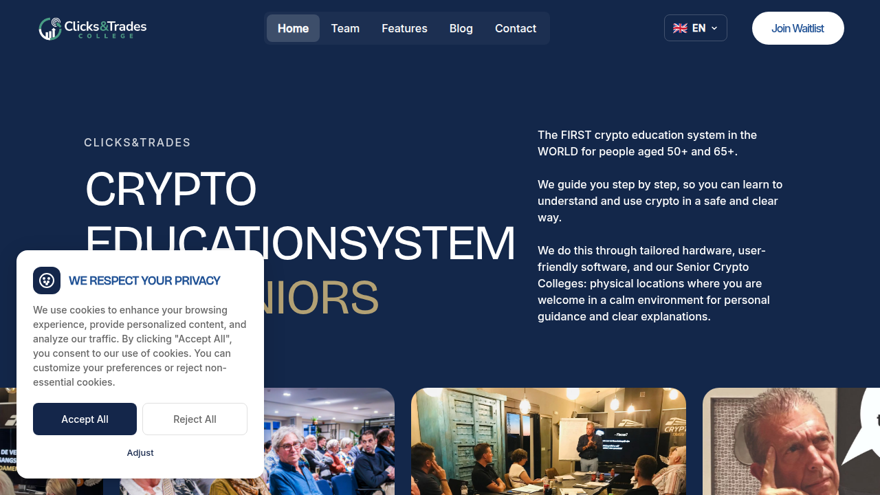 Screenshot of the Clicks and Trades newsletter homepage, offering simple, step-by-step crypto education and safety tips.