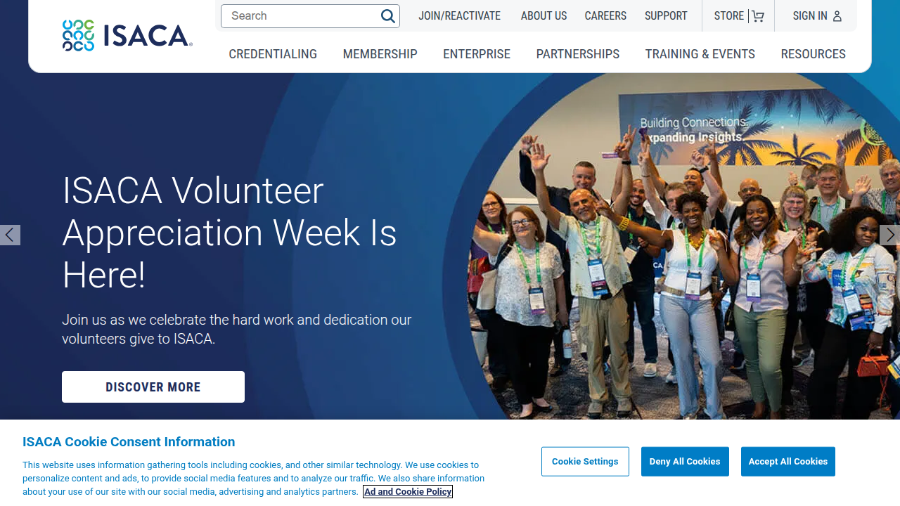 The homepage of ISACA, a global association offering certifications like the IT Risk Fundamentals Certificate, relevant for validating IT risk knowledge.
