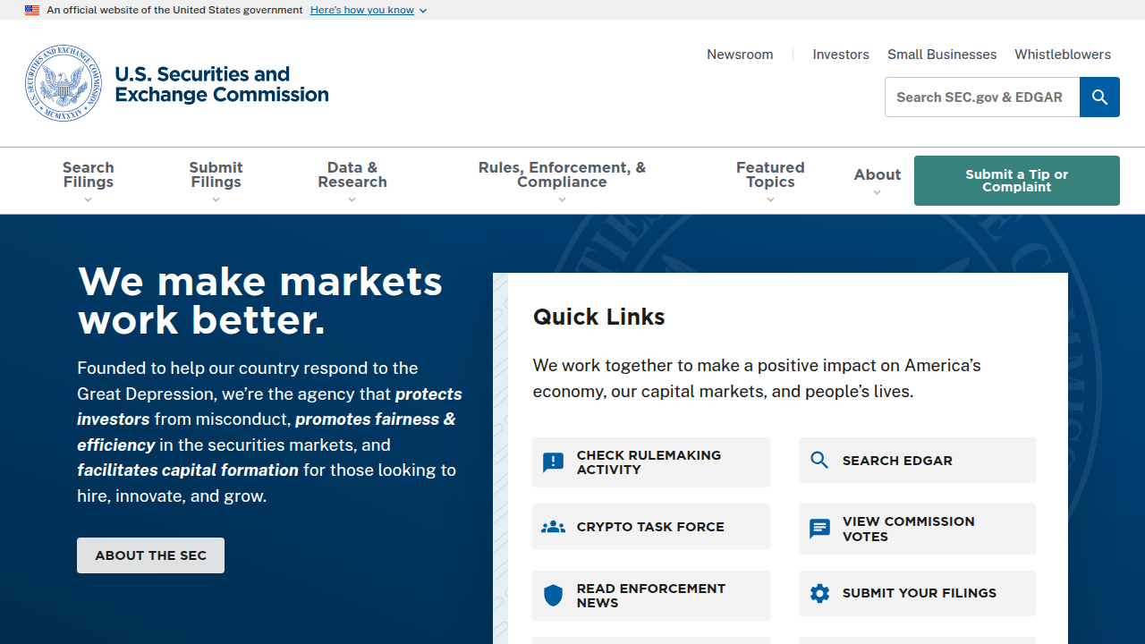 The homepage of the U.S. Securities and Exchange Commission, an important regulatory body for crypto assets.