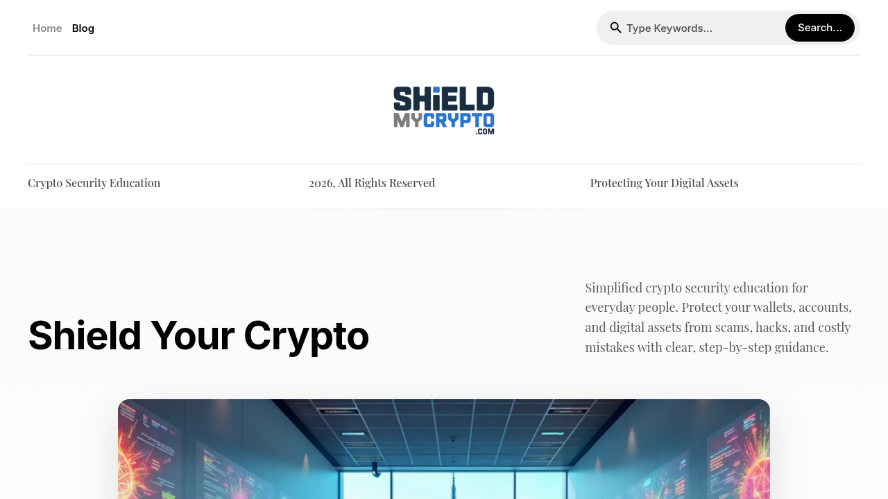 A screenshot of the Shield My Crypto website, offering resources on Web3 crypto security for organizations in 2026.