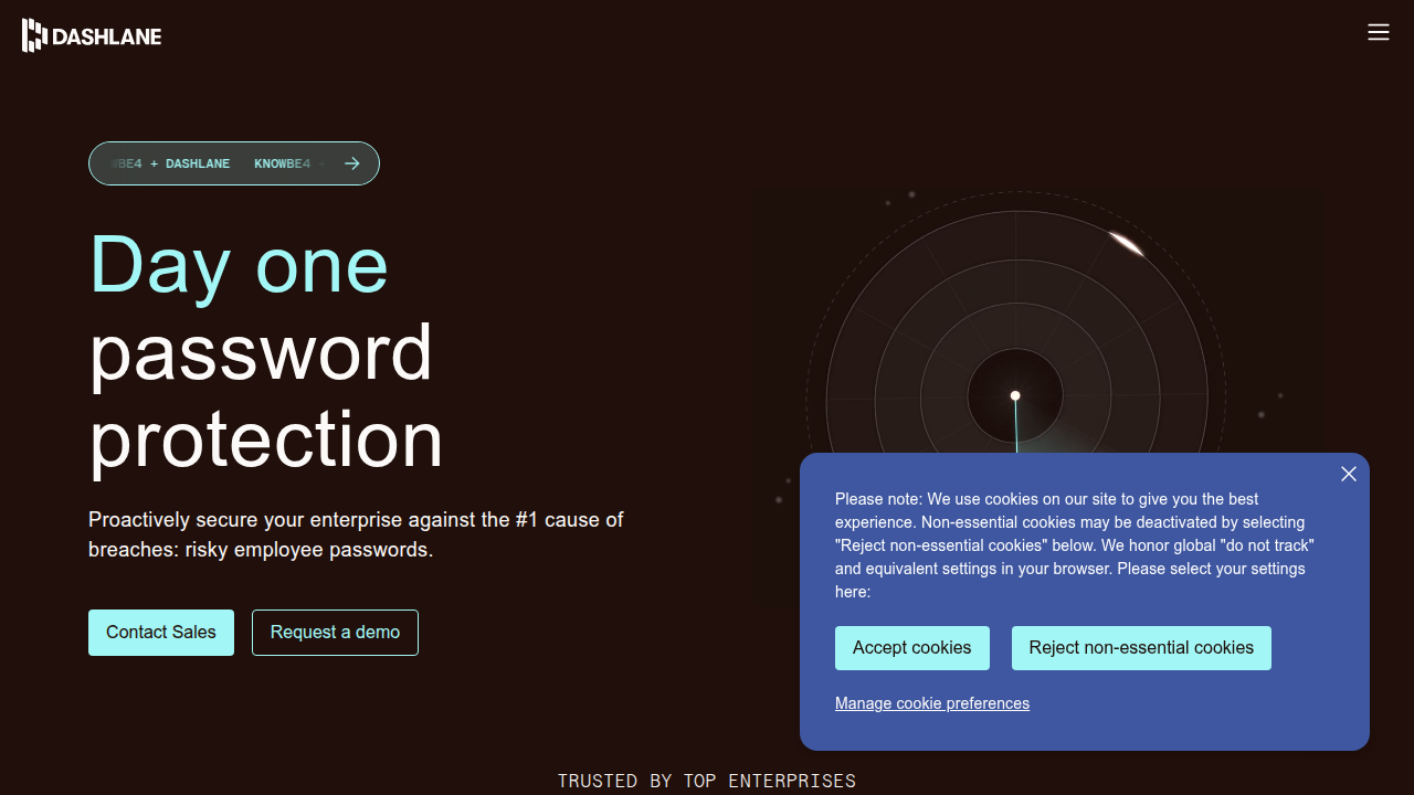 A screenshot of the Dashlane password manager homepage, illustrating a tool designed to create and manage strong, unique passwords.