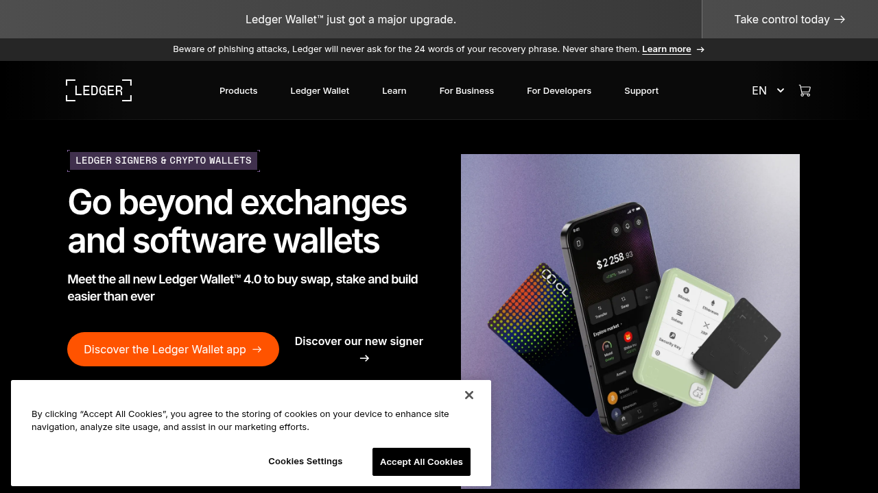 A screenshot of the Ledger website, a prominent provider of hardware wallets, which offer offline security for crypto private keys.