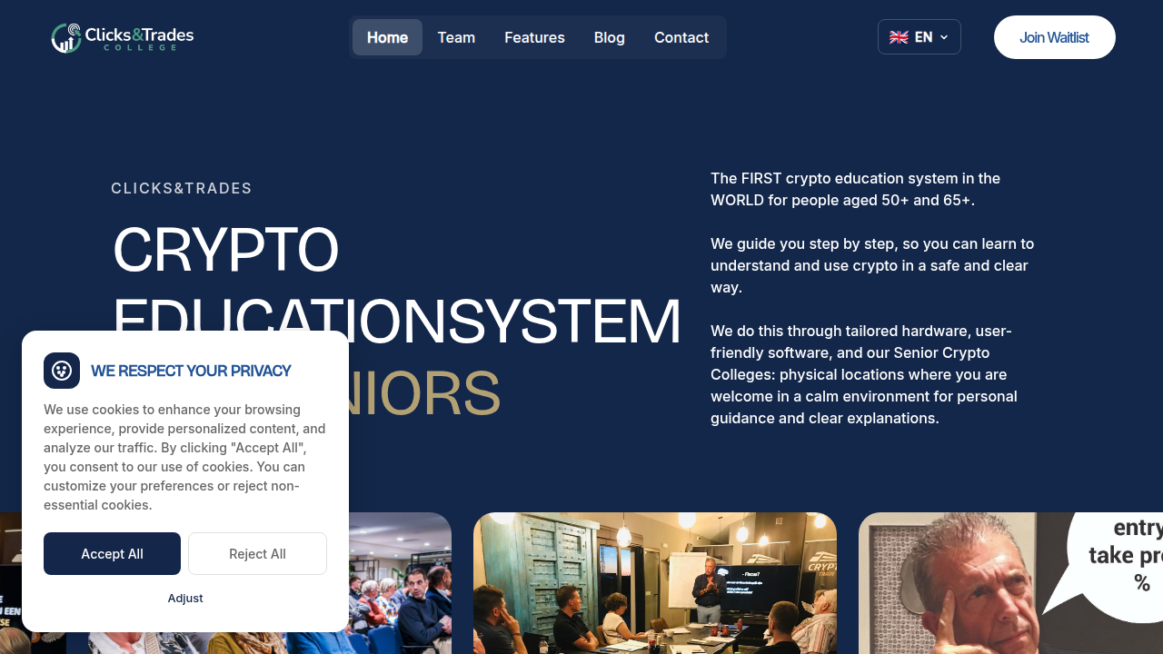 The homepage of the Clicks and Trades newsletter, a resource offering tips on crypto security and risk management.